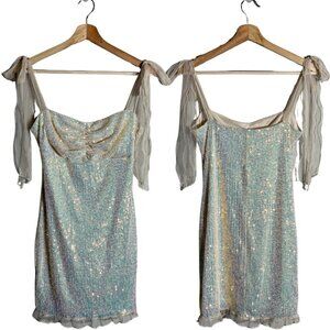 Lucy in the Sky Iridescent Sequin Mini Dress Womens Large Ivory Bow Ruffle Party